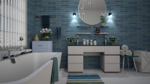 Fresh White Grout In A Blue Bathroom